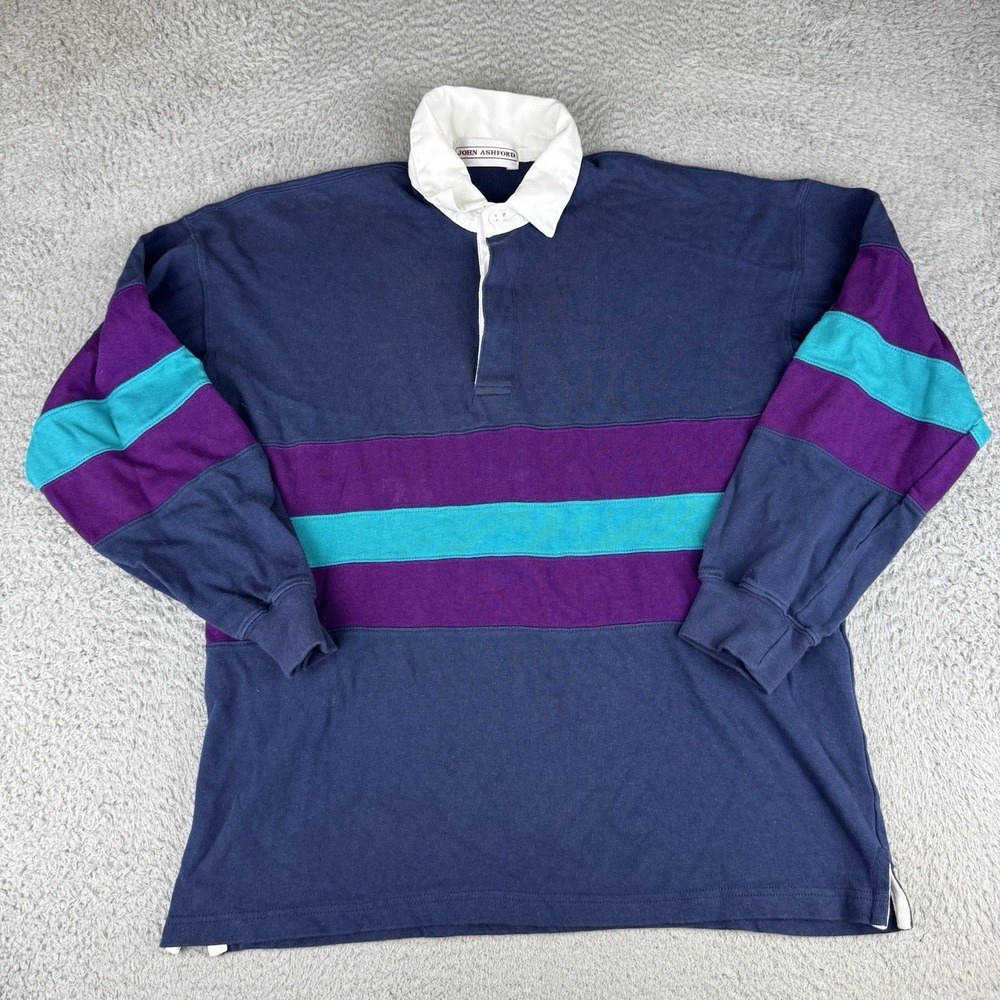 VTG John Ashford Rugby Polo Shirt Medium Striped Collar Boat Outdoor Preppy 90s